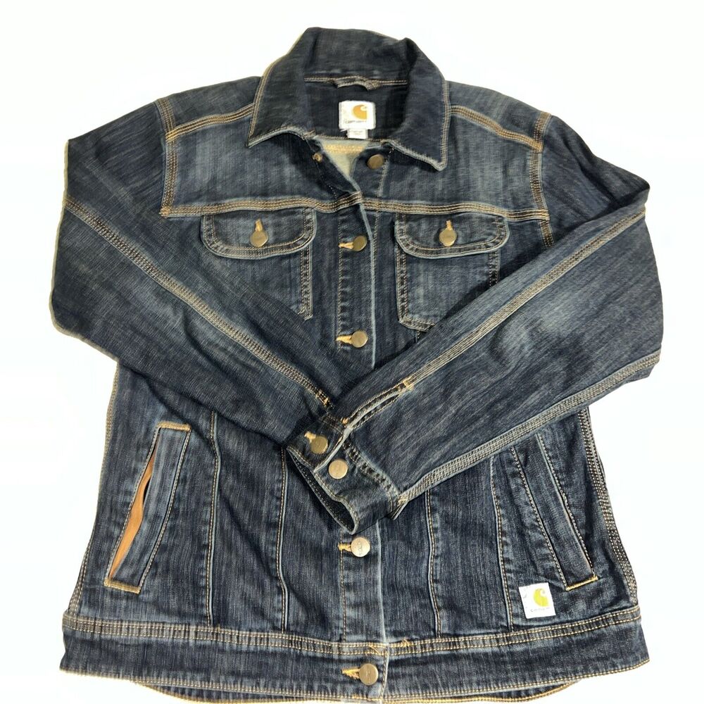Carhartt Womens Size Medium 8/10 Denim Dark Wash Jean Jacket Full Buttom Up Coat